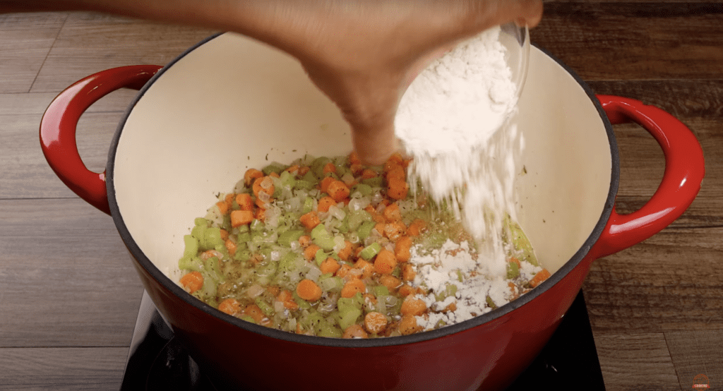 making the gravy for the chicken pot pie